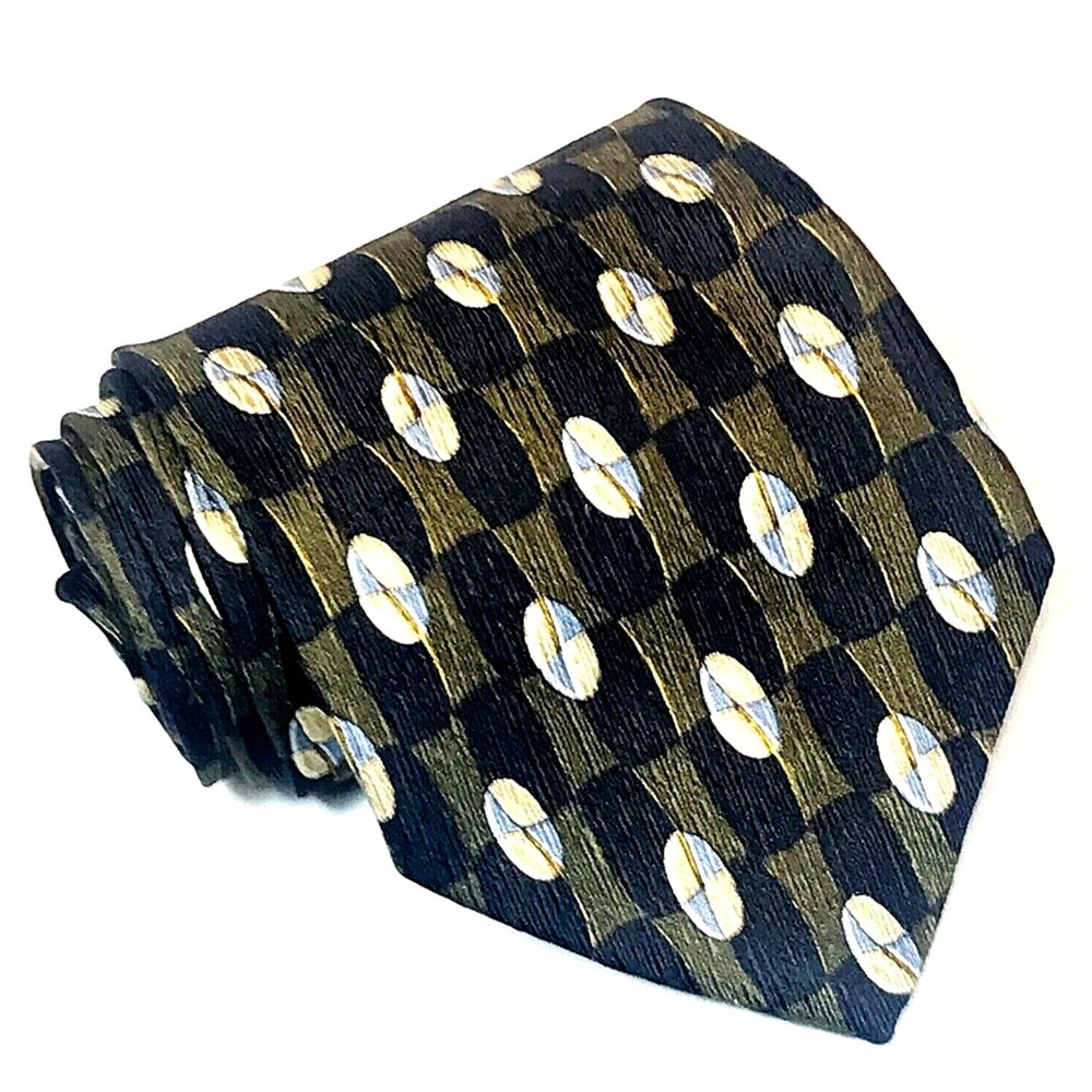 Boss Hugo Boss Italy Tie Geometric Medallion Black Green Silk Y2K Preppy